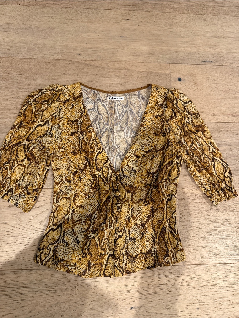 Reformation Mustard Snake-Print V-Neck Peplum Blouse